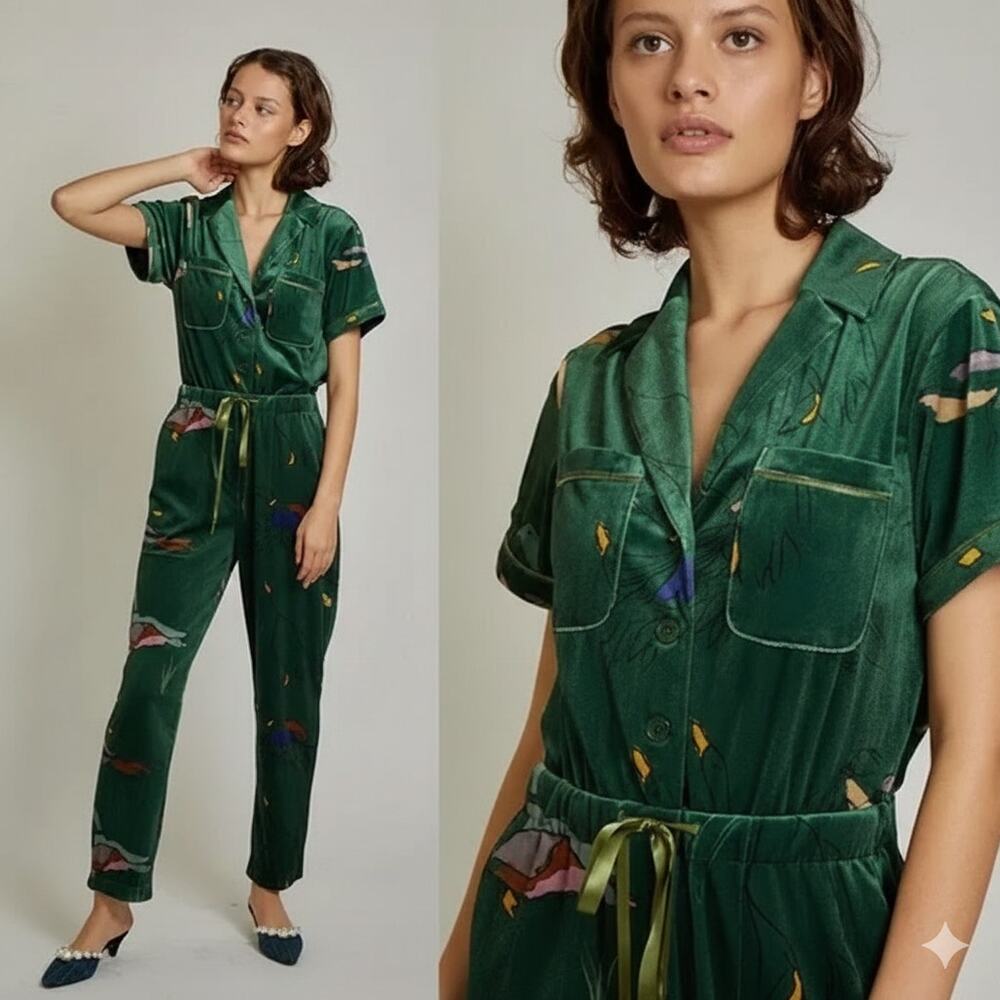 Rachel Antonoff duck jumpsuit Green Velvet Short Sleeve Size XS